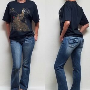 RARE Vintage 1989 Multicolor Gemstone Gold Peacock Single Stitch Black Tee XL